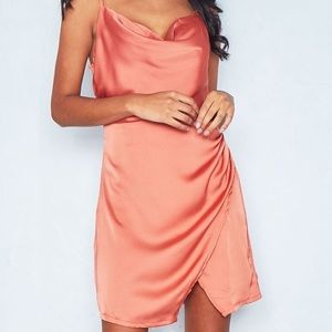 Peach Satin Cowl Neck Mini Dress